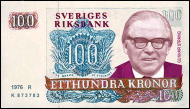 Gunnar Strng sur un billet de 100 Kronor