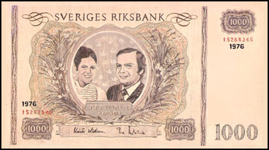 Le Roi et la Reine de Sude sur un billet de 1 000 Kronor